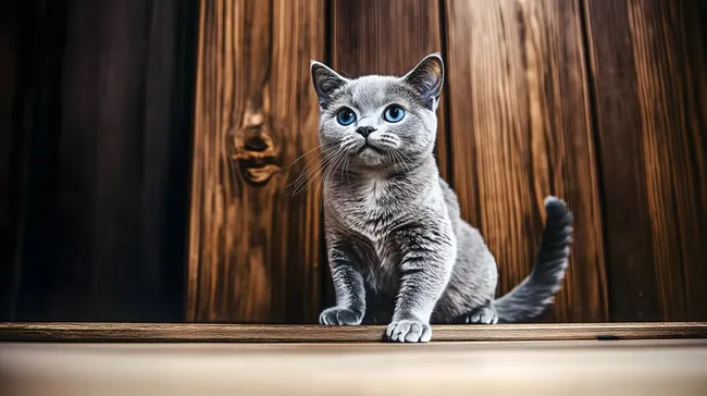 Wachsame Russisch Blau Katze vor rustikaler Holzwand