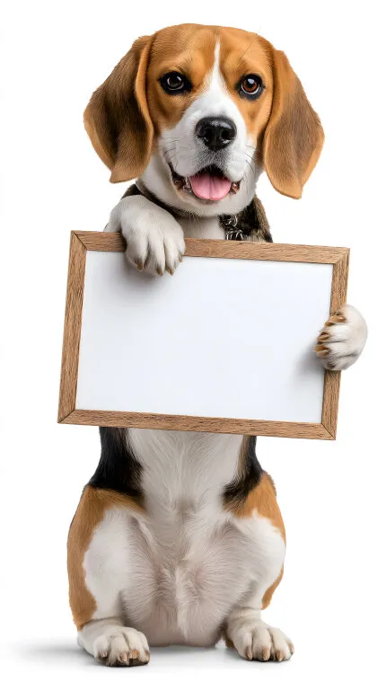 Wachsamer Beagle präsentiert leeres Holzschild