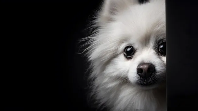 Wachsamer Blick eines weißen Pomeranian-Hundes