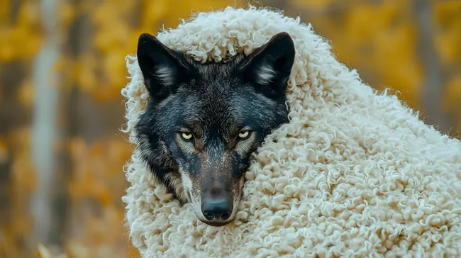 Wachsames Wolfsgesicht in Schafswolle gehüllt