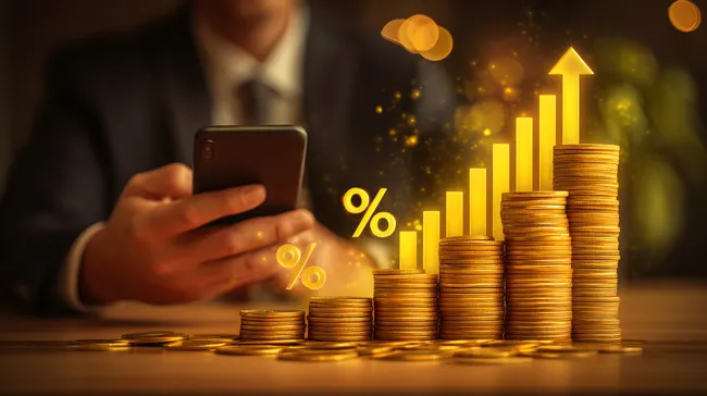 Wachsende Finanzen: Goldmünzen, Diagramm und Smartphone