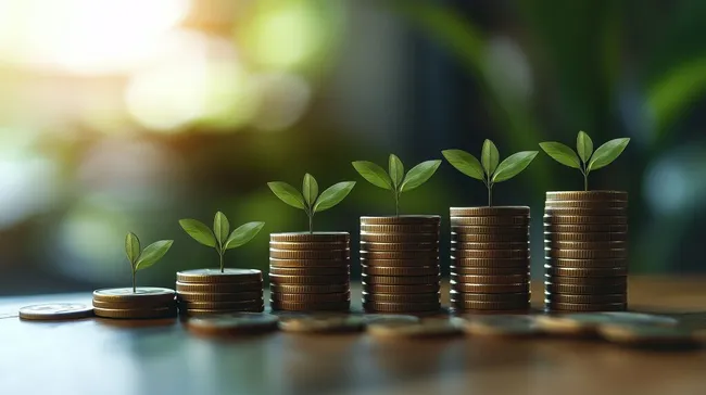 Wachsende Investitionen - Symbolik von Münzstapeln mit Sprösslingen
