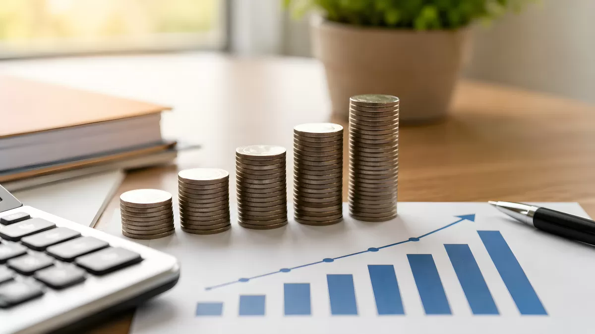 Wachsende Münzstapel auf Finanzchart mit Taschenrechner