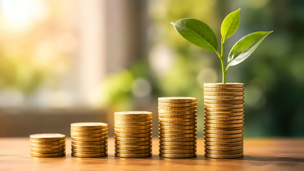 Wachsende Münzstapel mit grüner Pflanze als Finanzsymbol
