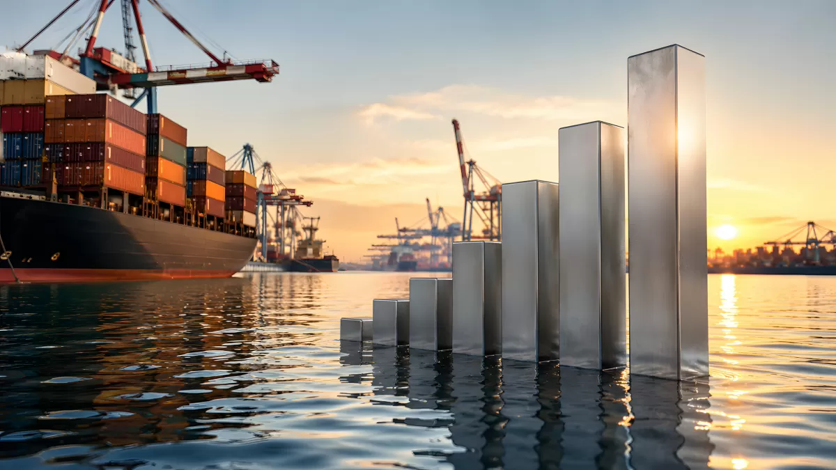 Wachsendes Balkendiagramm vor Containerhafen bei Sonnenuntergang
