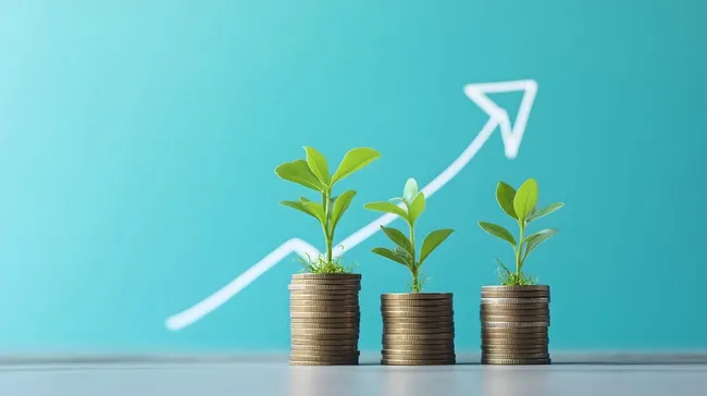 Wachsendes Geschäft: Münzen und Grünpflanzen symbolisieren Finanzerfolg