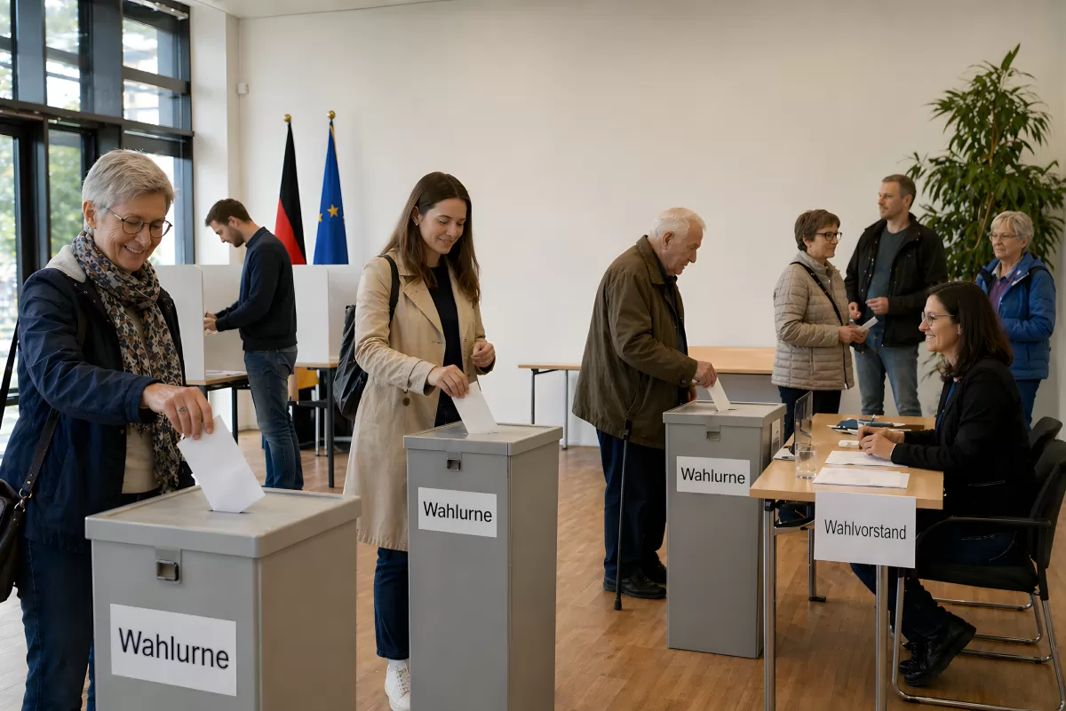 Wähler werfen Stimmzettel in Wahlurnen beim Urnengang