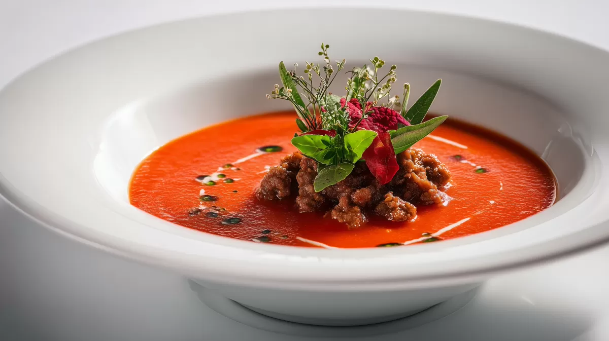 Wärmende Ajvar Suppe mit Hackfleisch elegant serviert