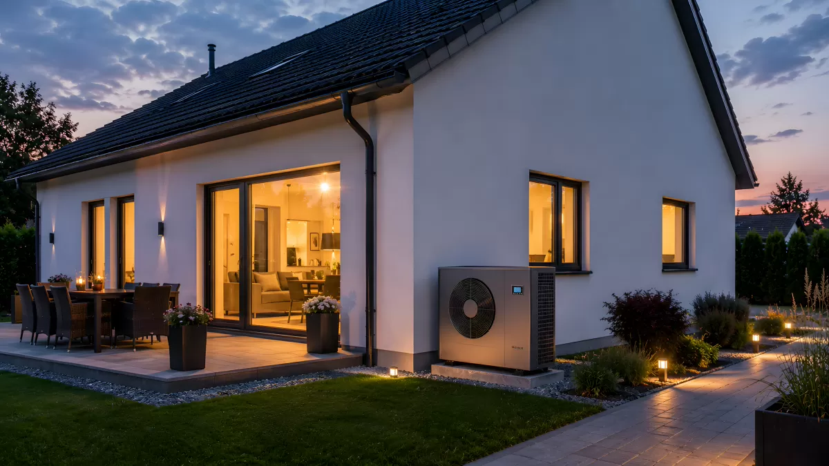 Wärmepumpe am modernen Einfamilienhaus bei Dämmerung
