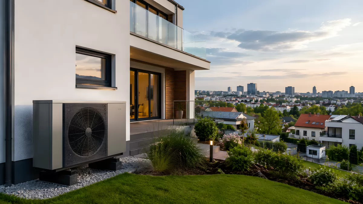 Wärmepumpe an modernem Wohnhaus mit Stadtblick