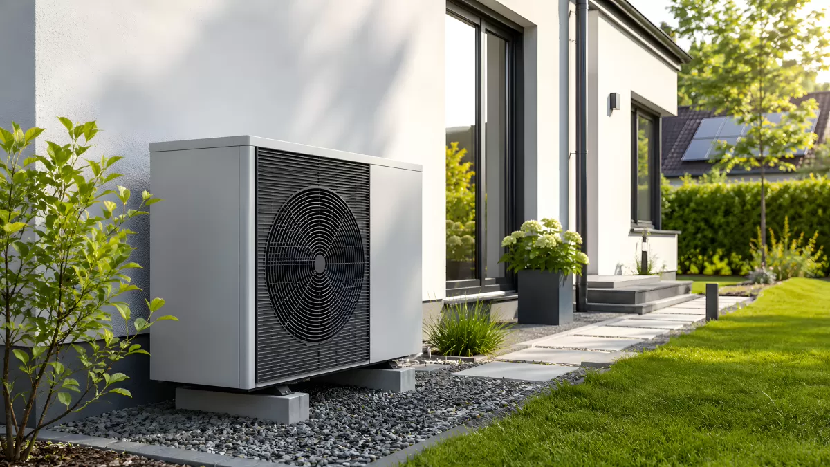 Wärmepumpe an moderner Hausfassade im Garten
