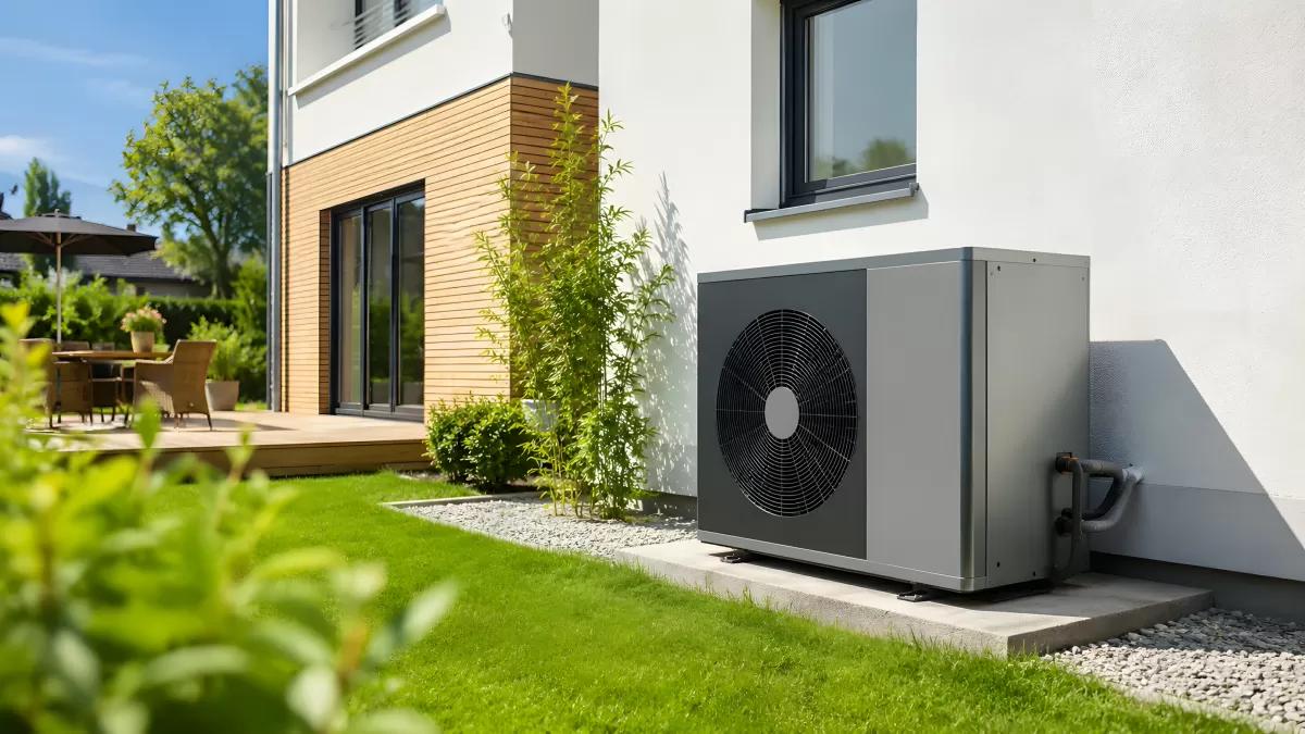 Wärmepumpe im Garten vor moderner Hausfassade