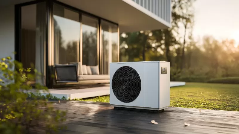 Wärmepumpe im modernen Garten vor Hausfassade