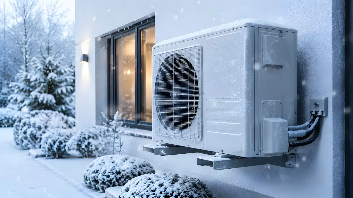 Wärmepumpe im Winter an Hausfassade mit Schnee