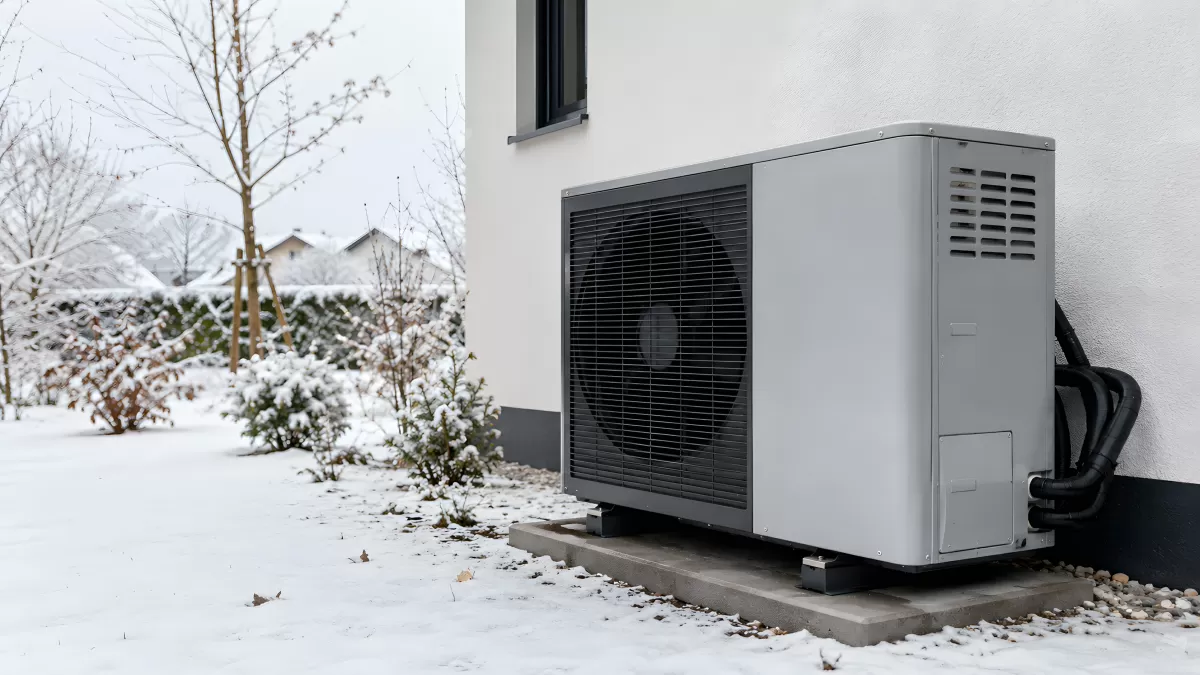 Wärmepumpe im Winter an Hausfassade montiert