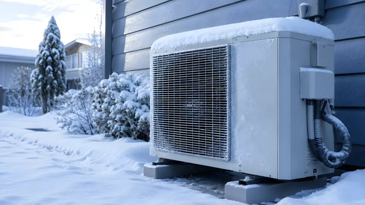 Wärmepumpe im Winter mit Schnee bedeckt am Haus
