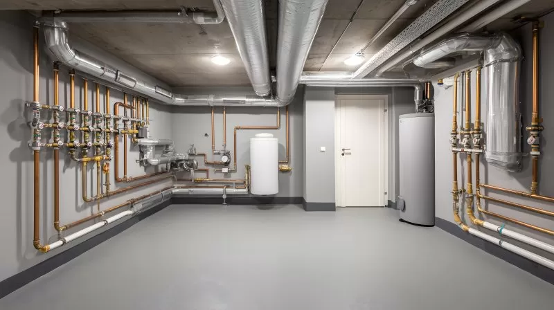 Wärmepumpe mit Rohrsystem im Keller oder Hauswirtschaftsraum