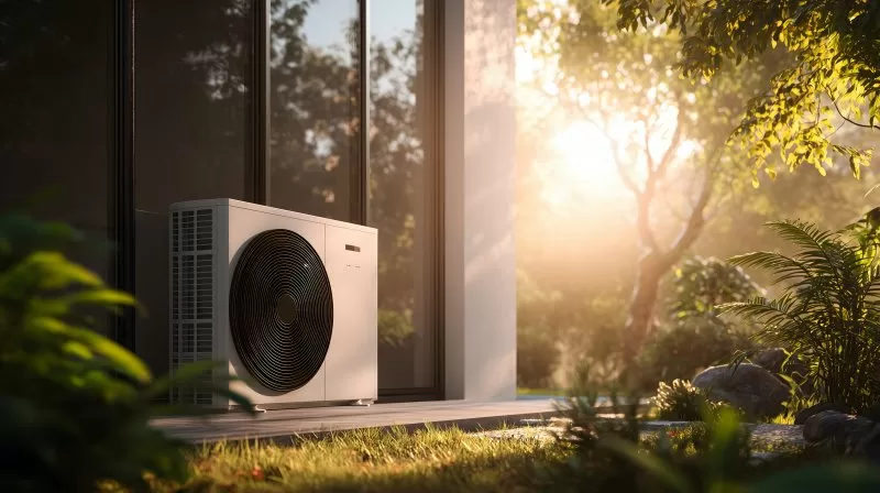 Wärmepumpe vor modernem Haus als nachhaltige Heizlösung