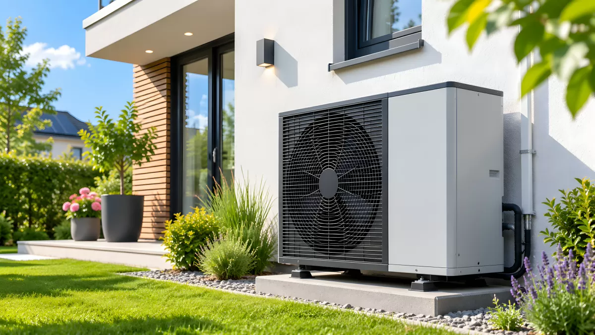 Wärmepumpe vor moderner Hausfassade im Garten