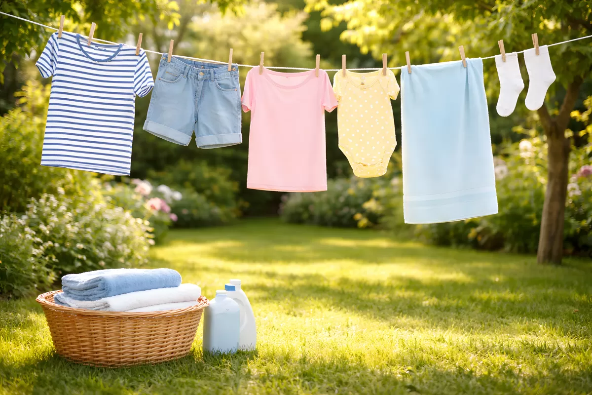 Wäsche an der Leine im sommerlichen Garten