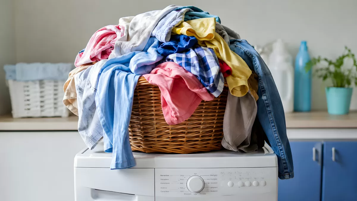 Wäschekorb gefüllt auf Waschmaschine im Hauswirtschaftsraum