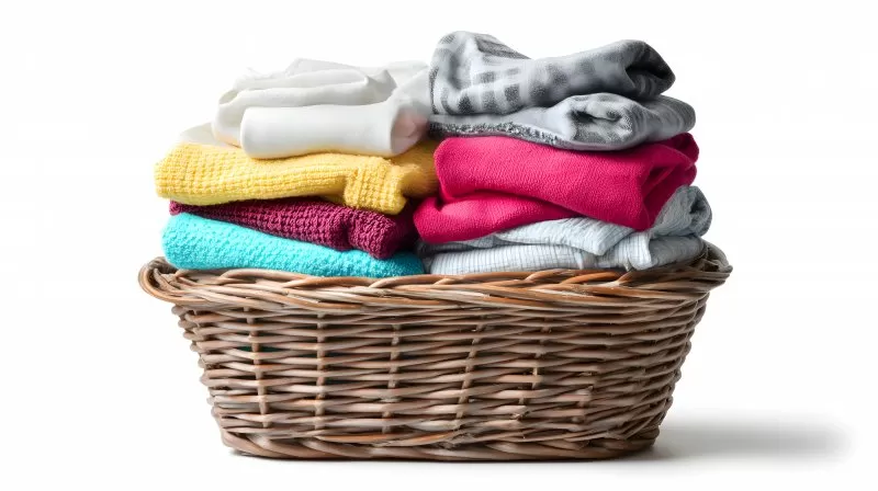Wäschekorb mit bunter Kleidung vor weißem Hintergrund