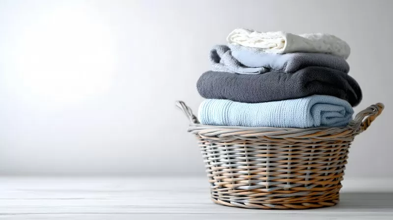 Wäschekorb mit grauer Kleidung auf hellem Untergrund