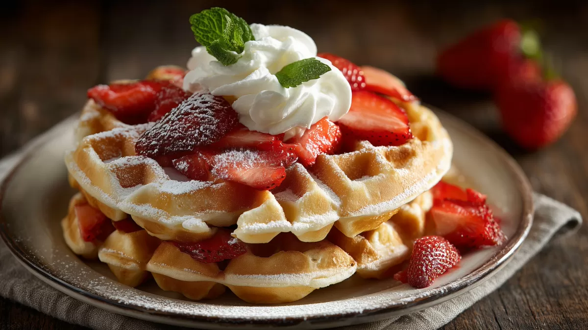Waffeln mit Erdbeeren und Schlagsahne auf Teller