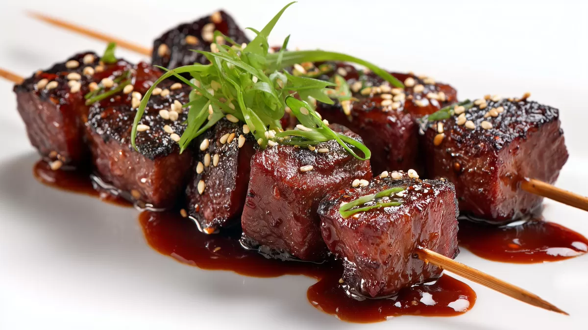 Wagyu Beef Skewers mit Yakitori Glasur auf Spießen