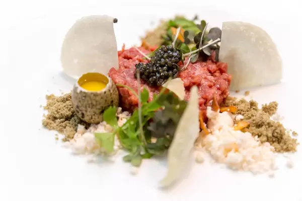 Wagyu dish at Chino Latino: Tatar, Yuzu-Kosho Aioli, Wasabi crumble, Fumèe, Oscietra Caviar