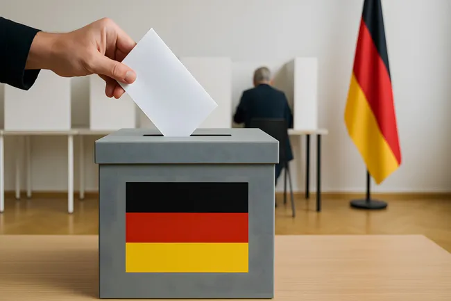 Wahlfoto in deutschem Wahllokal mit Flagge