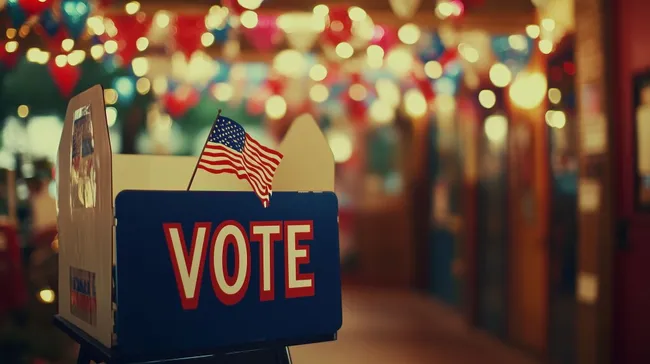 Wahlkabine mit amerikanischer Flagge und Wahlurne