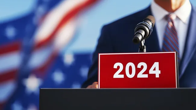 Wahlkampf-Podium mit Mikrofon und amerikanischer Flagge