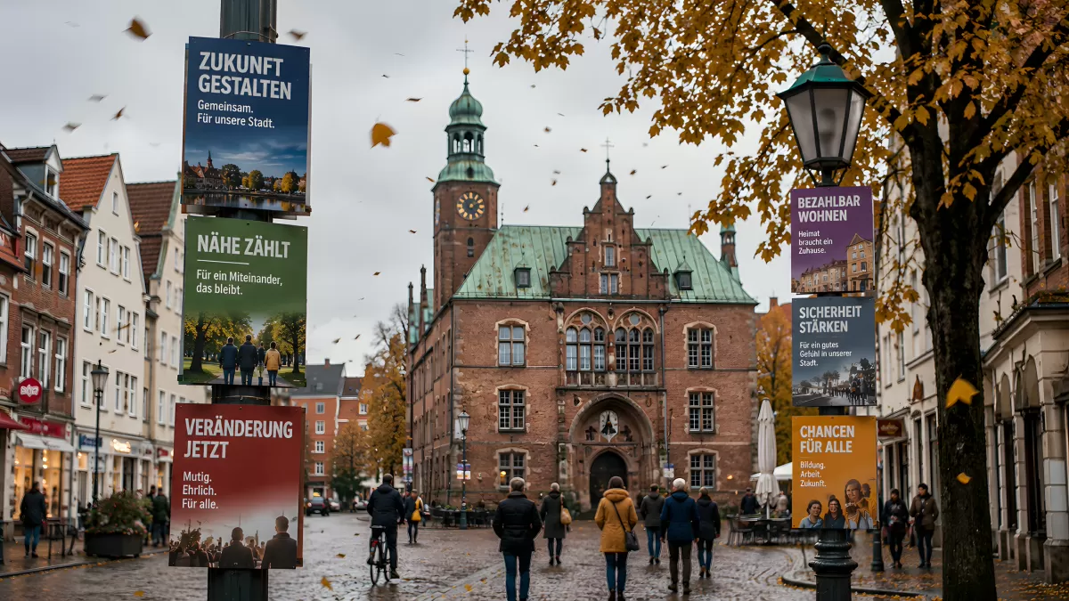 Wahlplakate auf belebtem Marktplatz einer deutschen Stadt