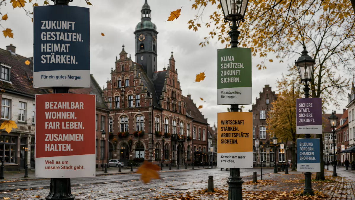Wahlplakate auf einem historischen Marktplatz im Herbst
