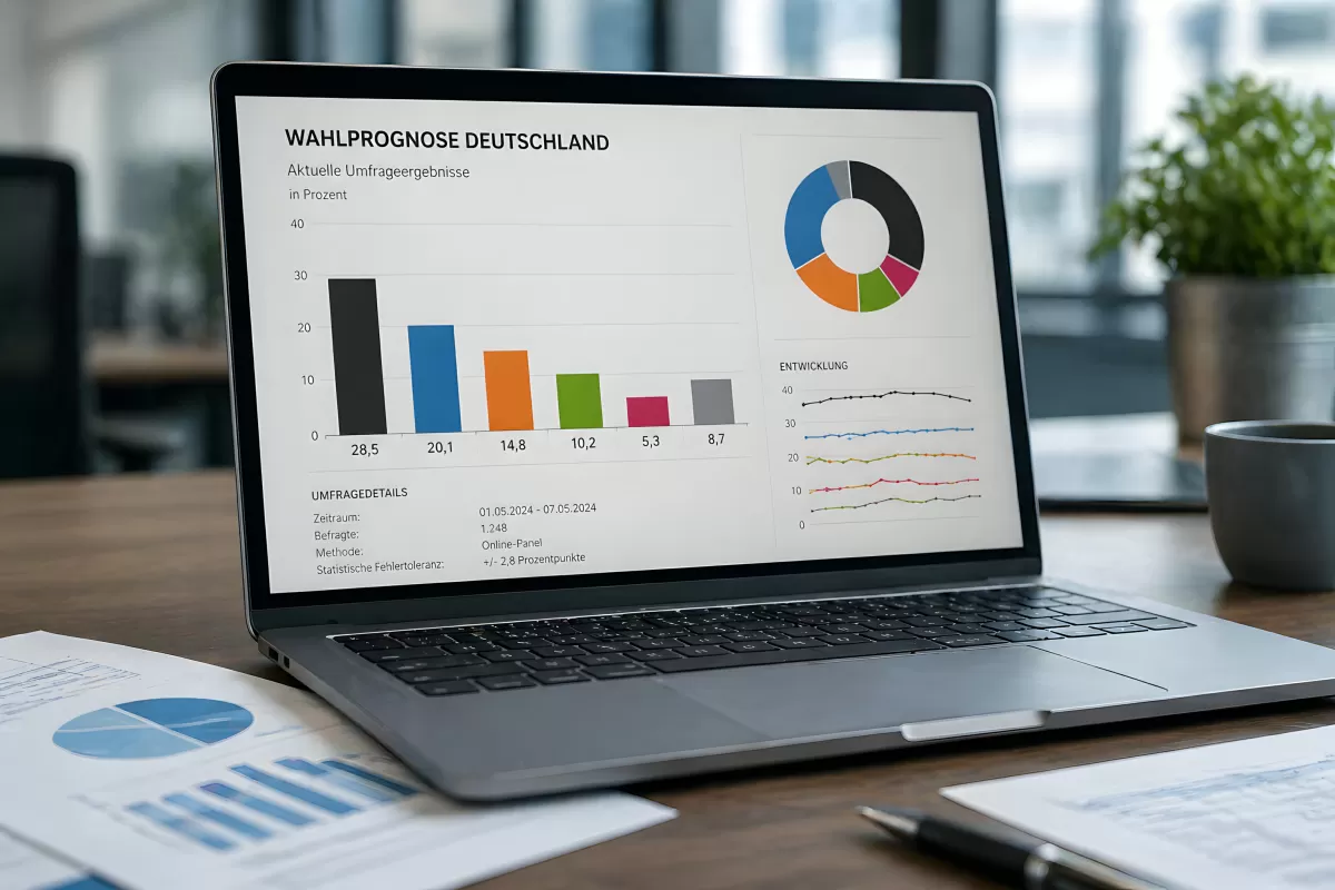 Wahlprognose Deutschland auf Laptop mit Balkendiagramm
