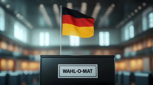 Wahlurne mit deutscher Flagge in Wahllokal