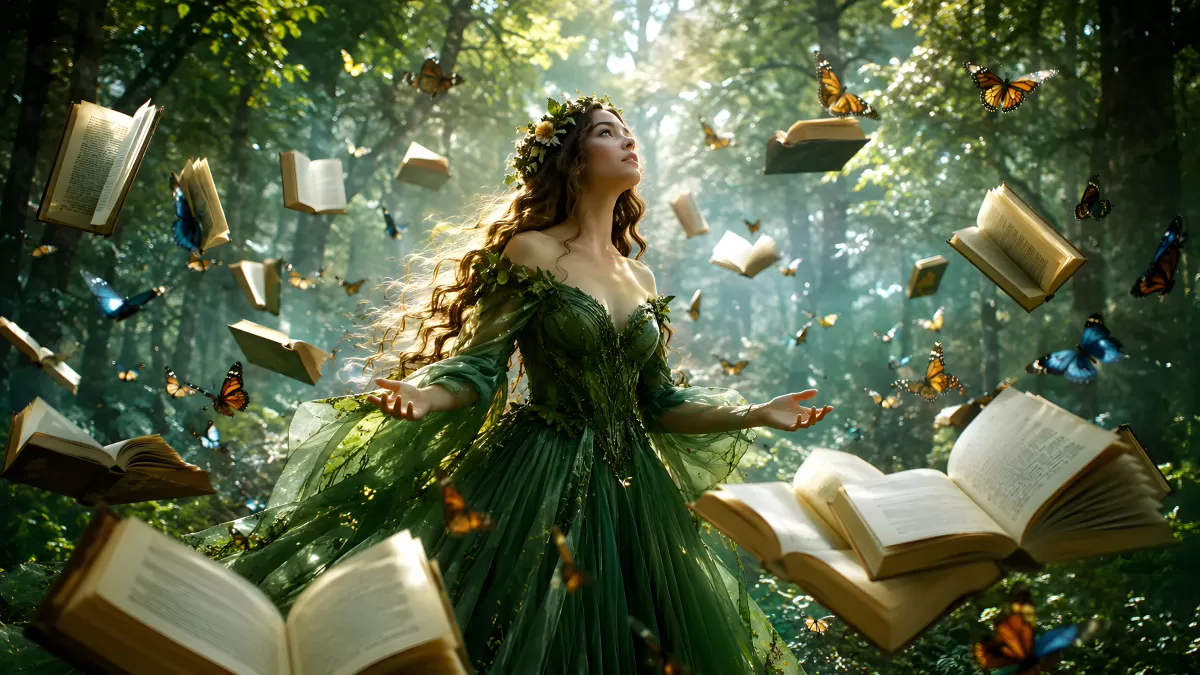 Waldfee im grünen Kleid mit fliegenden Büchern
