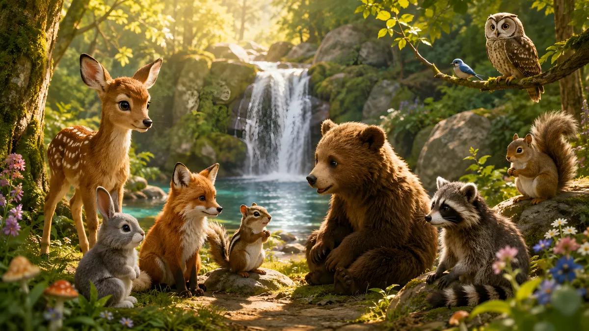 Waldtiere versammeln sich an einem Wasserfall im Wald