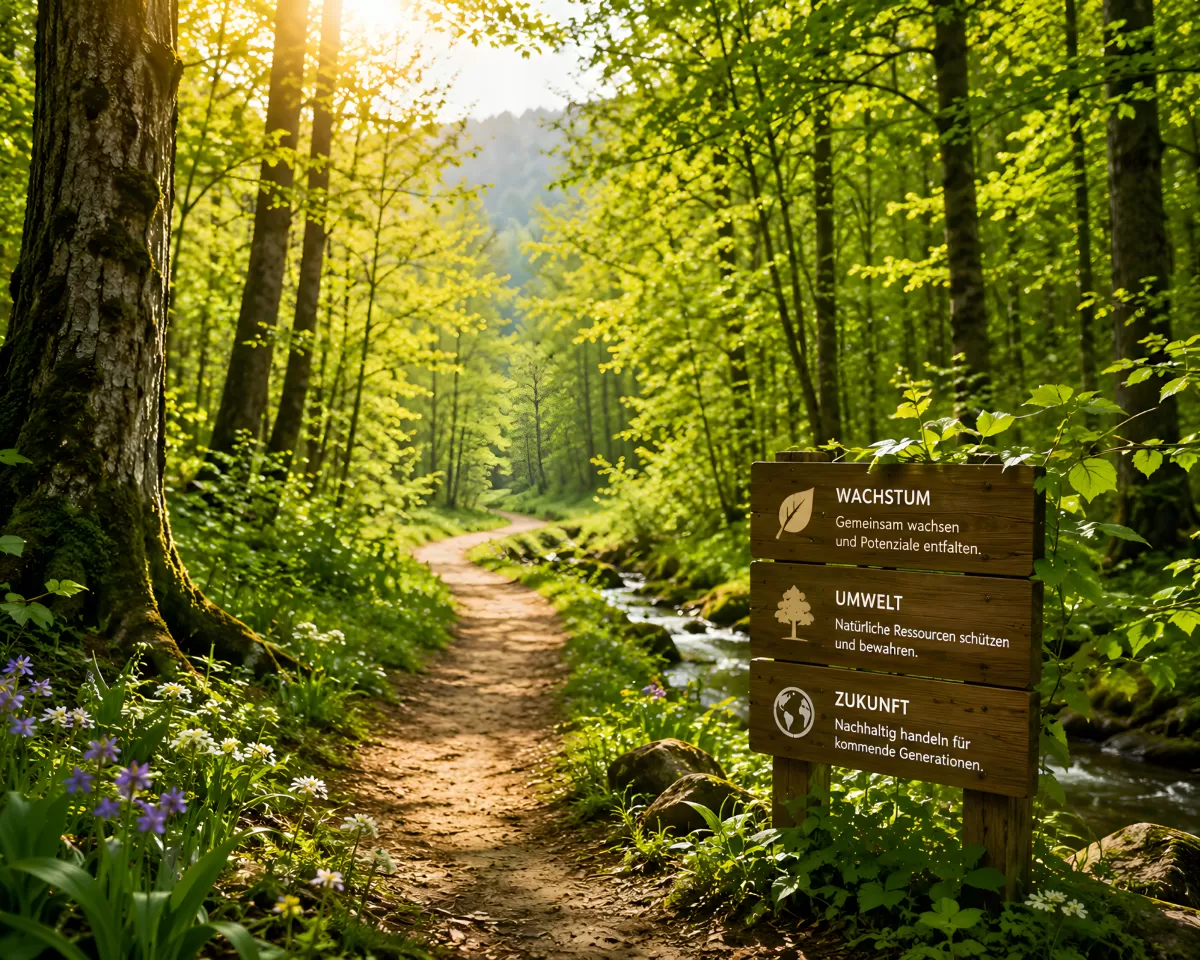 Waldweg mit Holzschild zu Nachhaltigkeit im Frühling