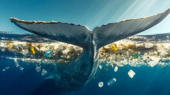 Wale tauchen zwischen schwimmendem Plastikabfall auf