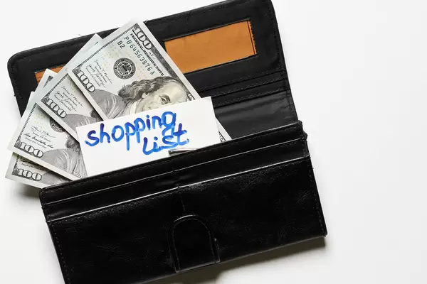 Wallet with money and shopping list