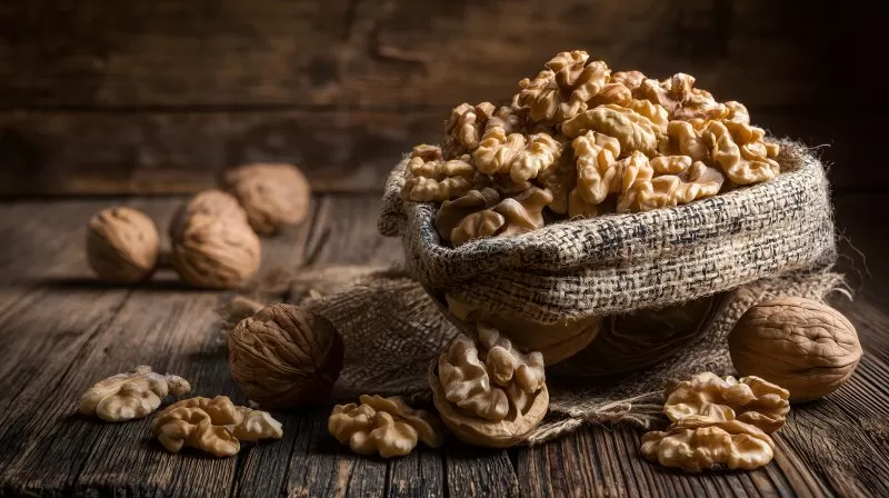 Walnüsse auf rustikalem Tisch