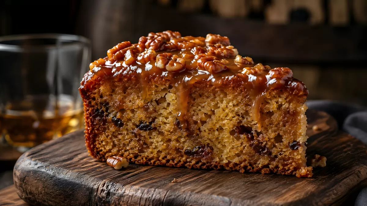 Walnusskuchen mit Karamellglasur auf Holzbrett