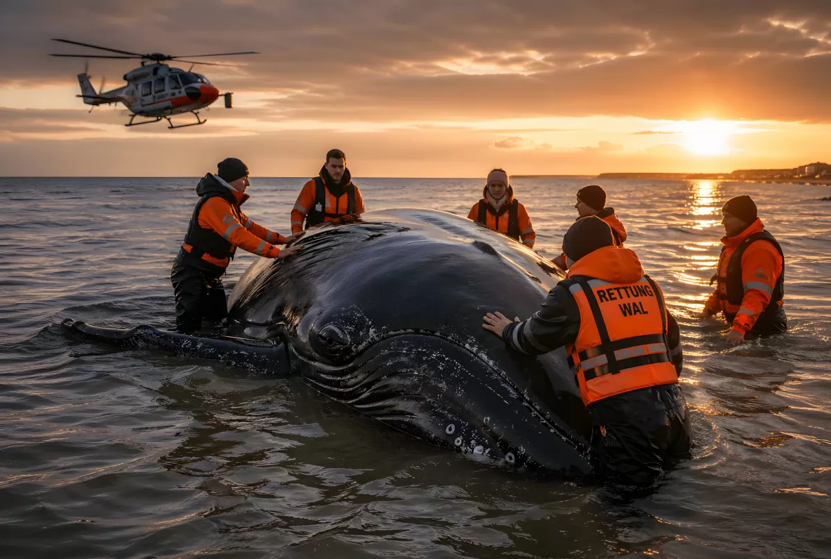 Walrettung im Meer bei Sonnenuntergang