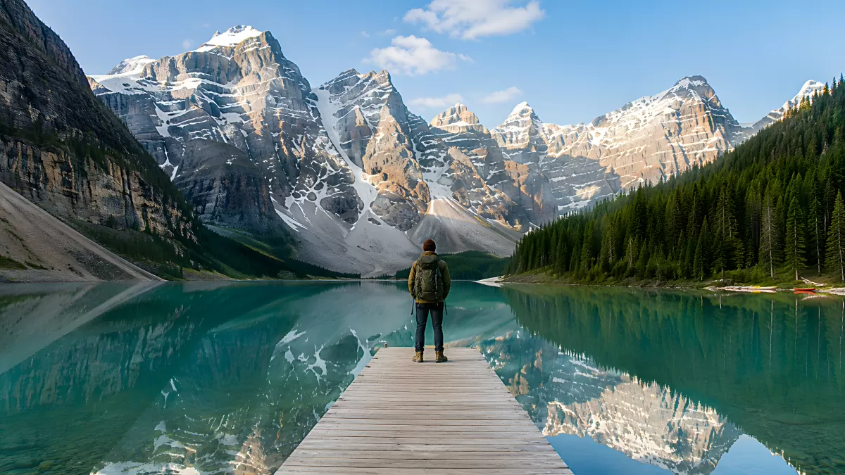 Wanderer am Steg blickt auf türkisen Bergsee