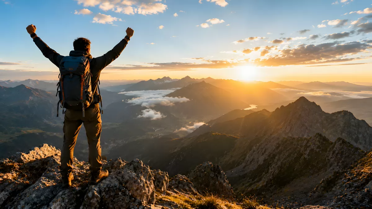Wanderer auf Berggipfel bei goldenem Sonnenuntergang
