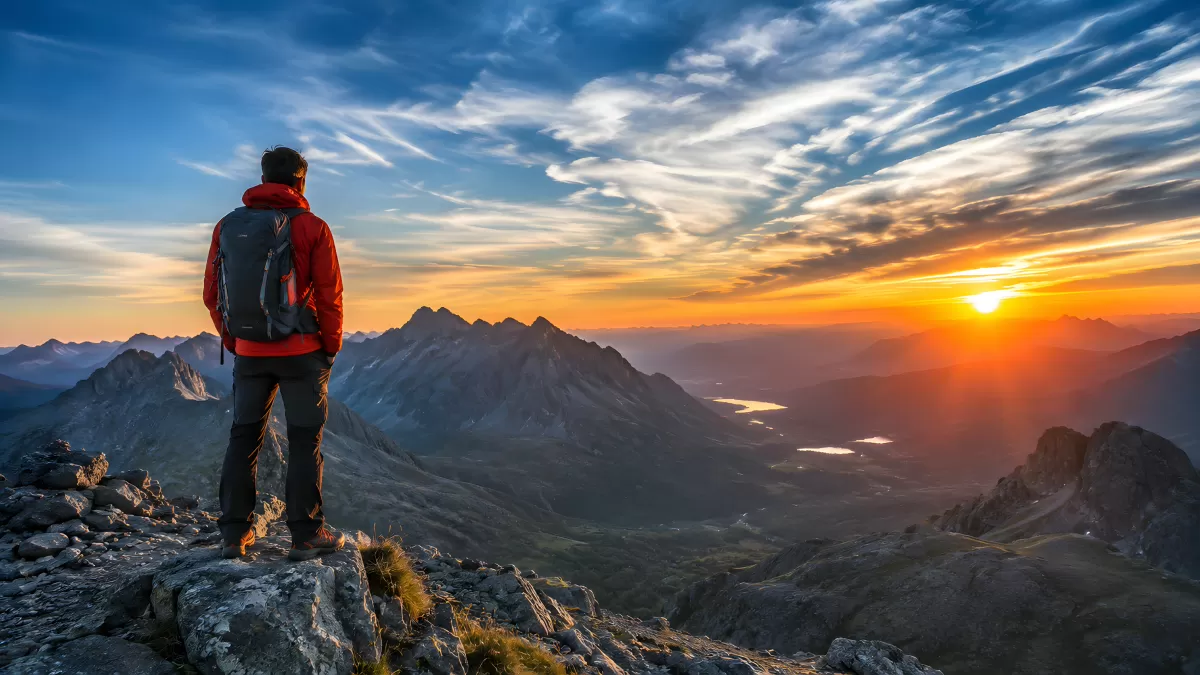 Wanderer auf Berggipfel beim farbenprächtigen Sonnenuntergang