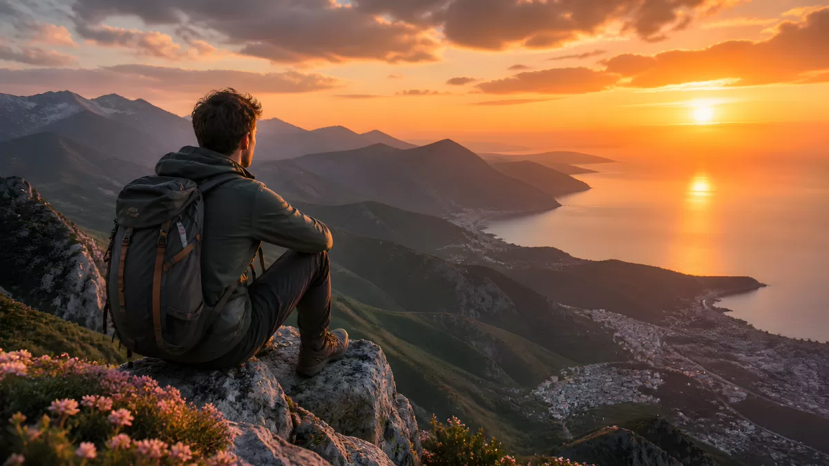 Wanderer auf Berggipfel blickt auf Meeresbucht im Sonnenuntergang