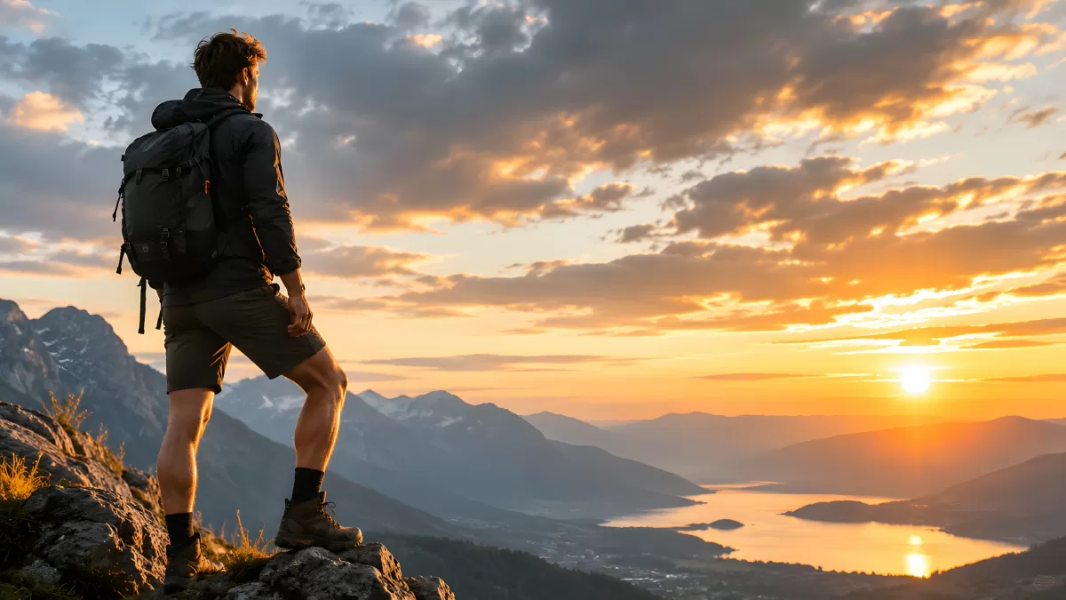 Wanderer auf Berggipfel blickt in goldenen Sonnenuntergang